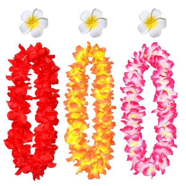 6 Pcs Hawaiian Leis Plumeria Hair Clips Luau Tropical Flower Leis Barrettes Headpiece Women Floral Necklace Wreath Hair Pins Hairpins Hairclips Summer Beach Wedding Birthday Party Decoration Supplies