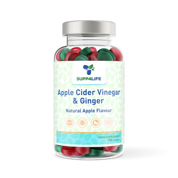 Premium Apple Cider Vinegar & Ginger Gummies - 120 Natural Apple Flavor Vegan Gummies with 'The Mother', Non-GMO, Gluten-Free for Digestive & Immune Support