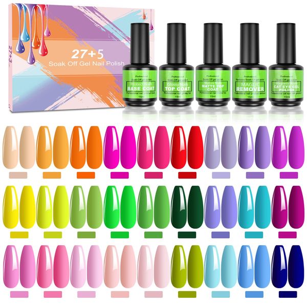 SHOWNAIL 32Pcs Gel Nail Polish, Popular Summer 27 Color UV LED Gel Nail Polish Set with Base, Glossy and Matte Top Coat and Cat Eye Gel Polish and Gel Polish Remover Kit DIY Nail Collection, 15ml