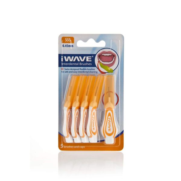 iWave Interdental Brushes Fine Size 0.45 mm Orange Pack of 5 – Interdental Cleaning Brushes for Total Teeth Cleaning Plaque Removal Tool