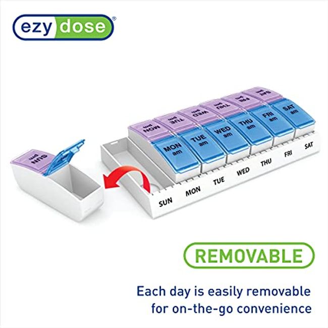 Ezy Dose Weekly (7-Day) AM/PM Pill Organizer, Vitamin and Medicine Box,  Small Pop-out Compartments, 2 Times a Day, Blue and Purple Lids