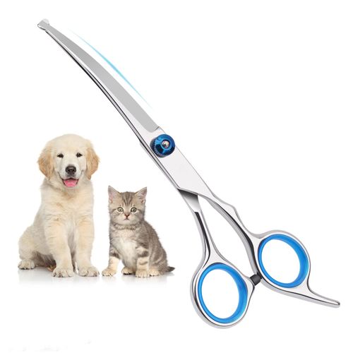 Dog Scissors, Curved Scissors Dog Fur Scissors for Dogs, Dogs and Cats, Safety Round Tip Grooming Scissors, Stainless Steel Fur Scissors for Dogs and Cats (Blue Curved Scissors)