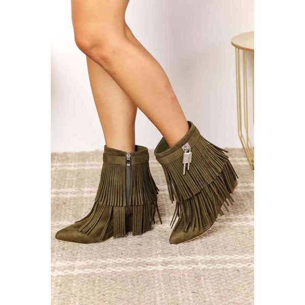 Legend Women's Tassel Wedge Heel Ankle Booties - Olive / 6