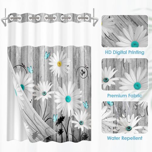 Nesphy No Hook Flower Daisy Shower Curtain with Snap in Fabric Liner Set, Gray Wooden Boards Double Layers Waterproof Fabric with See Through Top Window Open Grommet Bath Curtain 54x80 Inch