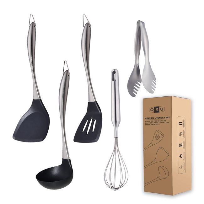 Kitchen Tools Set 5 Piece Silicone Cookware Set with Stainless Steel Handles, Living Alone, Silicone Turner, Turner, Ladle, Whisk and Tongs (Silver)