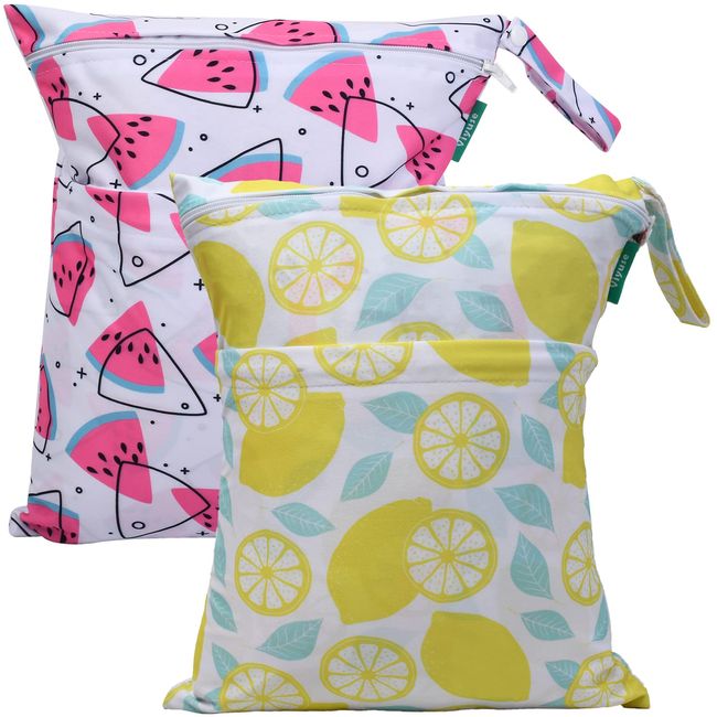 Viyuse 2pcs Cloth Diaper Wet Dry Bags Washable Waterproof Two Zippered Pockets Double Infant Stroller Travel Beach Pool Gym Bag for Swimsuits & Wet Clothes (Lemon+Watermelon)