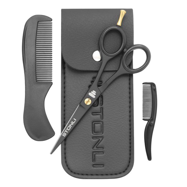 STONLI® 5" Beard and Moustache Scissors with Comb & Pouch - Small Hairdressing Scissors - Nose, Ear & Eyebrows Hair Scissors (Black)