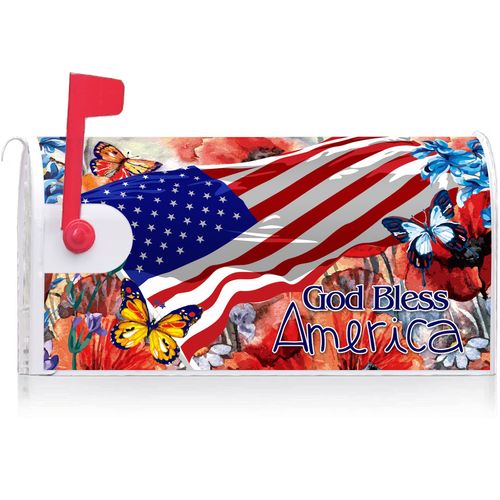 Texupday God Bless America Patriotic Floral Independence Day Mailbox Cover with Magnetic Strip Memorial Day Mailbox Wraps Post Letter Box Cover Standard Size 21" X 18" for Garden Outdoor Yard Decor