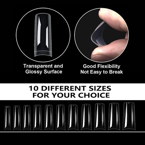 AMOYUN Extra Lungo Unghie Finte, 500 Pezzi Punte per Unghie con Curva a C 10 Taglie Mezza Copertura Acrilico Press on Nails per Manicure da Salone Trasparente Unghie Tips