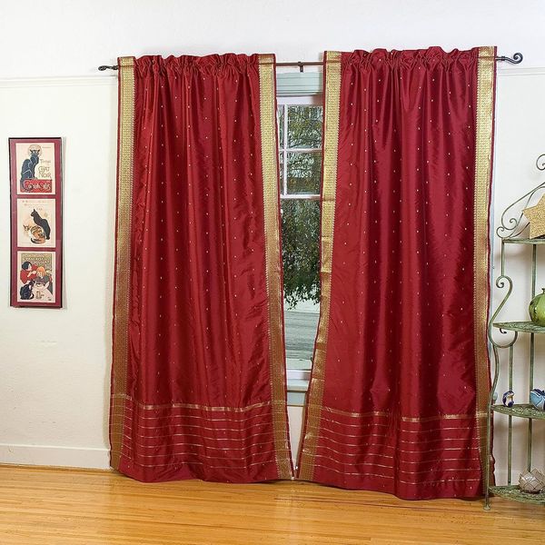 Lined-Maroon 84-inch Rod Pocket Sheer Sari Curtain Panel (India) - Pair