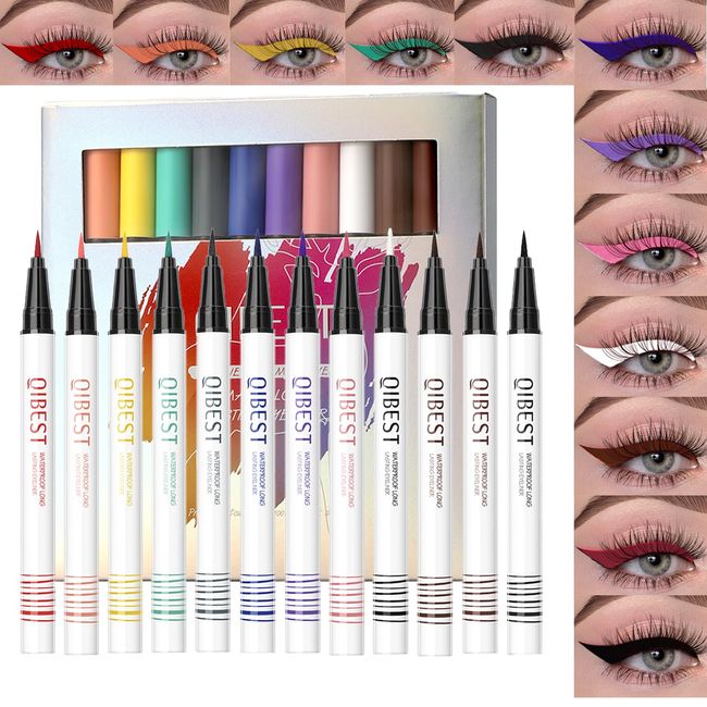 Mrettick Flüssiger Eyeliner Set, 12 Farben, Gel, Eyeliner, langanhaltend, wasserdicht, flüssig, Eyeliner, Stift, Regenbogen-Effekt, matt, bunt, flüssig, Eyeliner Set