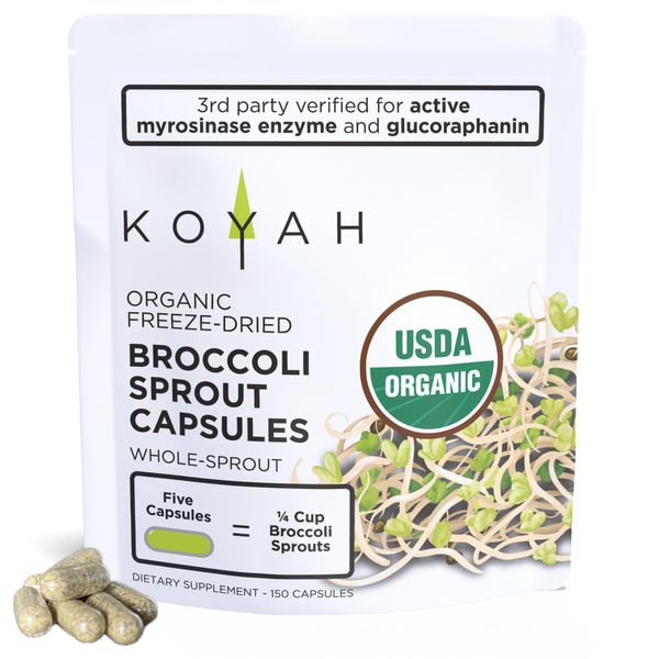 KOYAH - Organic USA Broccoli Sprout Capsules: (1 Serving = 1/4 Cup Sprouts) Freeze-Dried, 3rd Party Tested: Active Myrosinase and Glucoraphanin (Sulforaphane Glucosinolate), 150 Capsules