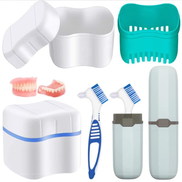 Hioph Denture Case Kit, 2 Denture Bath Cups, 2 Denture Cleaner Brushes, 2 Portable Toothbrush Box, Strainer Basket Retainers Denture Care Bath Box for Dentures, Braces, Mouth Guard or Traveling