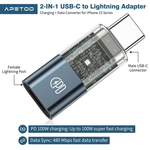 USB C to for Lightning Adapter Charger Connector for iPhone 16 Pro - 100W Max Fast Charge, 480mbps Data Transfer, LED Light CarPlay Adapter for iPhone 15 Pro Max Plus, iPad Pro, MacBook Pro/Air