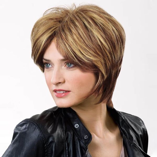 QUEENTAS Short Wigs for Women Short Hair Wigs for Women Brown Pixie Cut Wig for Women Synthetic Hair Wigs with Bangs Daily or Cosplay (Toffee Brown Mixed Golden Blonde)