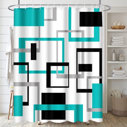 ArtSocket Geometric Turquoise and Gray Bathroom Set with Shower Curtain Rugs Accessories, Black and Gray Modern Turquoise Shower Curtain, Green Bathroom Decor 4 Pcs