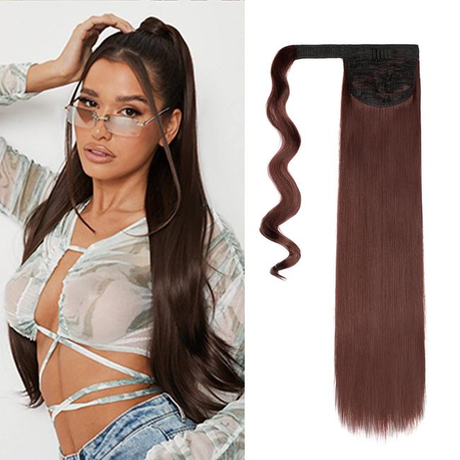 Pferdeschwanz Extensions Glatt Zopf Haarteil Ponytail Haarverlängerungen Haarteil Synthetik Haarverlängerung fürFrauen wieEchthaar Natürliches, Dunkel Auburn