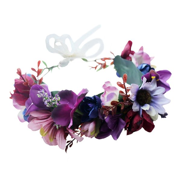 Floral Crown Headband Flower Garland Headband Hair Wreath Hair Garland Flower Halo Floral Headpiece Boho with Ribbon Wedding Party Festival Purple, One Size