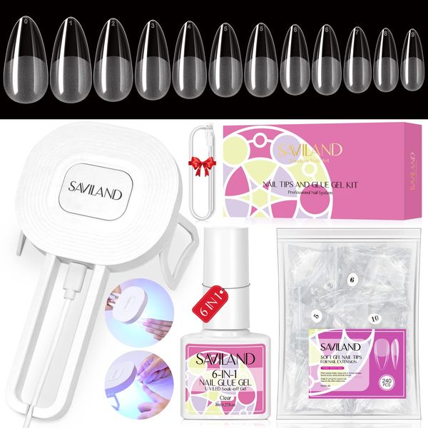 Saviland Nail Tip Kit 240pcs Ultra Thin Nail Tips + 6-IN-1 Nail Glue + Type-c Cable Handheld Nail Light Nail Glue Gel Kit Nail Art 04