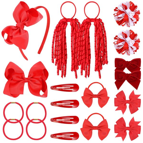 CN 20PCS Red Hair Bows for Girls, Bow Hair Clips Headband Hair Ties Hair Barrettes Ponytail Holders Curly Koker Bows Hair Accessories School Uniform Set for Little Girls Teens Toddler