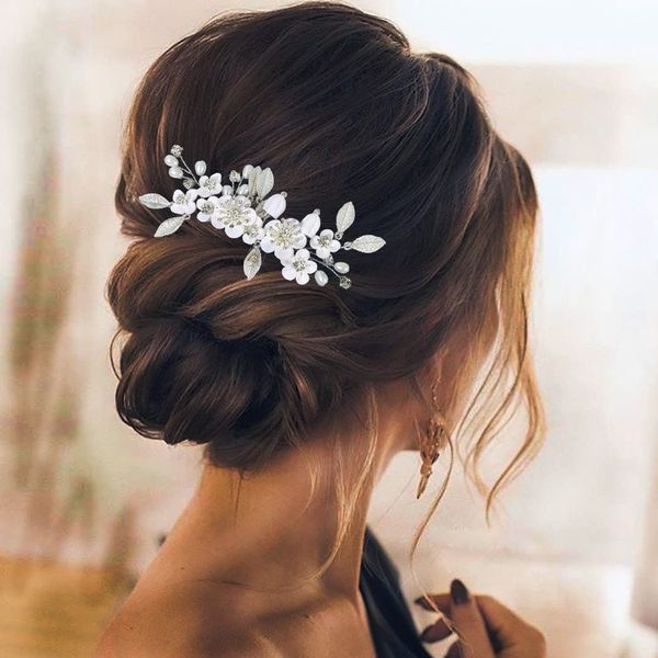 Relandy Blumenbraut Hochzeit Haarkamm Blattsilber Braut Haarteil Perlen Kopfschmuck für Frauen und Mädchen