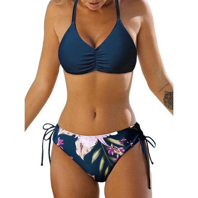 CUPSHE Damen Bikini Set V Ausschnitt Raffung Lace Up Bikini Bademode Reversible Bikinihose Blumenmuster Zweiteiliger Badeanzug Swimsuit Marineblau/Blume M