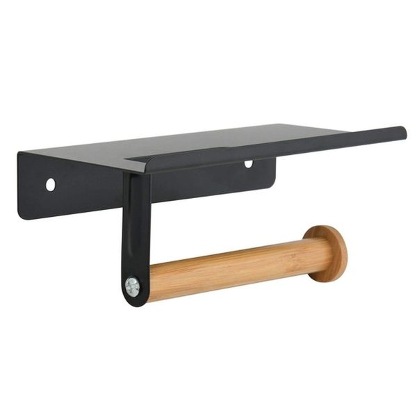 Spirella Tarek Bamboo Toilet Roll Holder with Smartphone Shelf for Gluing or Drilling Black