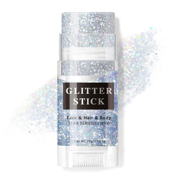 HOSAILY Silver Body Glitter Stick, Sparkling Holographic Sequins Glitter Gel, Body Shimmer Face Paint Glitter for Eye Hair Nail Lip, Chunky Glitter Makeup for Halloween Christmas Rave Festival