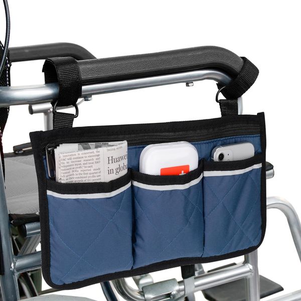 supregear Wheelchair Armrest Side Bag, Walker Organizer Bag with Reflective Stripes Waterproof Storage Pouches for any Wheelchair, Mobility Scooter, Walker, Rollator Carry Accessories, Dark Blue