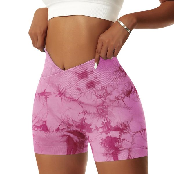 Vertvie Women's Gym Shorts V Cross Stretch Push Up Yoga Shorts Booty Scrunch Fitness Trousers Short High Waist Seamless Workout Sports Shorts Butt Lift Short Leggings Summer, Tie Dye Pink, S