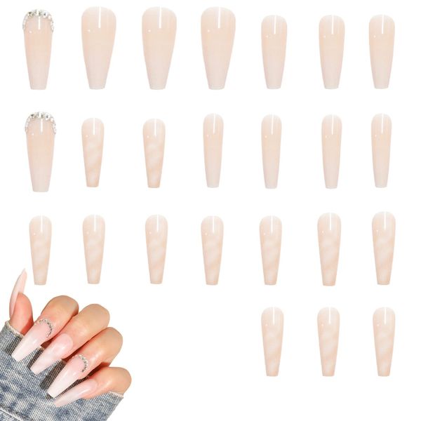 24 Pcs Pink False Nail Tip,Diamond False Nail Tip with Nail Glue Stickers for Fingernails Extension Tool for Women