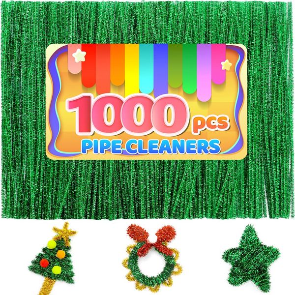 Iooleem 1000pcs Green Glitter Pipe Cleaners, Chenille Stems, Pipe Cleaners for Crafts, Pipe Cleaner Crafts, Art and Craft Suppl.