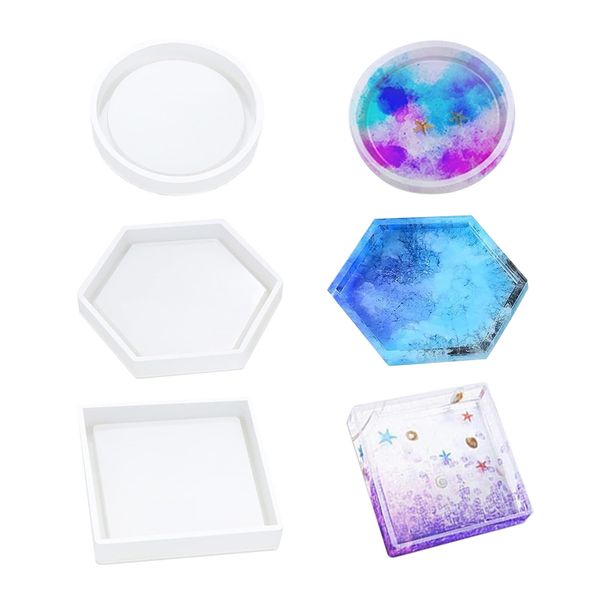 Samcos Set of 3 Coasters Silicone Mold, Round, Hexagon, Square, Epoxy Resin, UV Resin, Clay, Soft Mold, DIY, Handmade, Placing Dish, Cutter, Easy Removal, Resin Crafts, Gift (F)