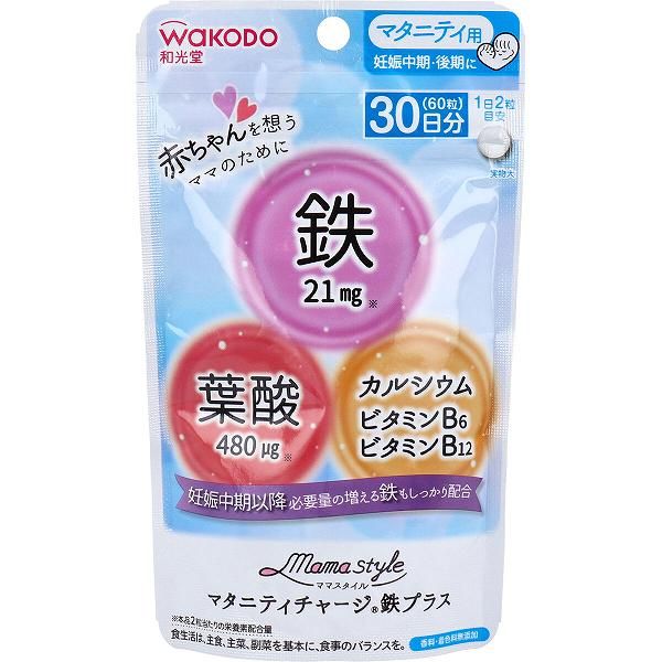 Set of 12 Wakodo Mama Style Maternity Charge Iron Plus 30-day supply 60 tablets Wakodo Baby Food Women Children&#39;s supplement Unimat Riken Maternity Charge Maternity use Mama supplement Intestinal activity Maternity Iron supplement Nutrition Growth per