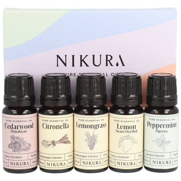 Nikura Insect Repellent Essential Oil Gift Set - 5 x 10ml | Mosquito Repellent, Holiday, Spider Repellent, Essential Oils for Diffuser for Home | Cedarwood, Citronella, Lemon, Lemongrass, Peppermint