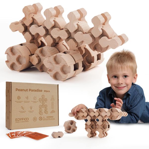 Edyfico Wooden Construction Toys Mortise-Tenon Structure Building Blocks for Toddlers STEM Stacking Toys Montessori Learning Toys for Kids Ages 3+ with Parent-Child Interactive Cards & Storage Bag