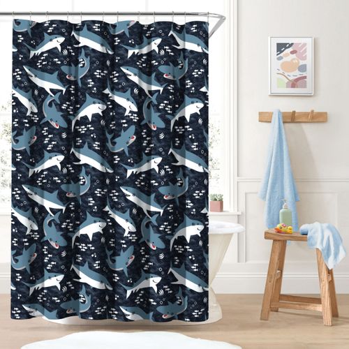 Dream Factory Kids Fabric Shower Curtain for Bathroom, 72W x 72L, Blue Sharks