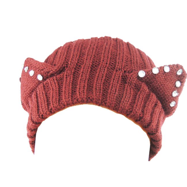 Cute Womens Wide Crystal Diamante Fashion Winter Woolen Warm Apres Ski Knit Knitted Crochet Fluffy Twist Turban Knotted Knot Earmuffs Ear Warmer Headwear Hairband Headband Headwrap Cat Ears Burgundy