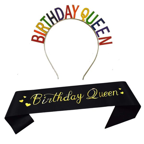 Dgasin Birthday Queen Tiara and Sash Happy Birthday Party Supplies Birthday Queen Black Glitter Satin Sash and Headband Girl Tiara Party Hair Accessories Birthday Party Decorations