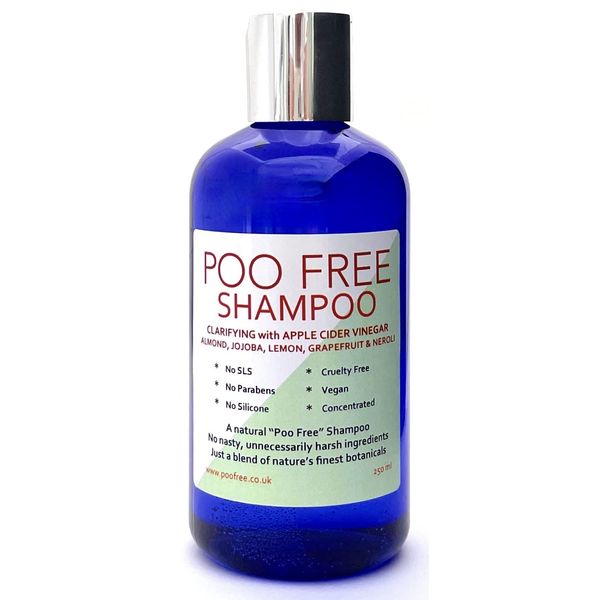 POO FREE - Clarifying Shampoo Curly Hair - 99% Natural - Apple Cider Vinegar, Almond, Jojoba + Lemon, Grapefruit, Neroli. Sulfate/Parabens Free. Gentle, Concentrated. pH 5.5 For Sensitive Skin. 250ml