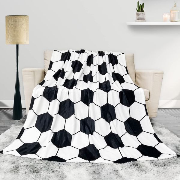 Soccer Blanket Warm Ultra-Soft Soccer Ball White and Black Throw Blankets 50X60 Inches Soccer Team Player Blankets Mom Gift for Girls Boys Kids Women Men