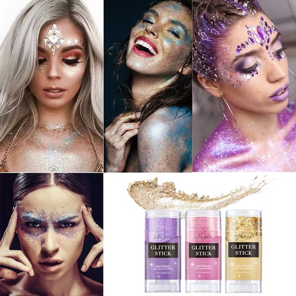 Yeweian Gold Face Body Glitter Stick, Lip Eye Nails Hair Body Glitter Gel,Singer Concerts Face Body Sequins Glitter Makeup, Mardi Gras Glitter Accessories,Chunky Holographic Face Glitter Gel for Women