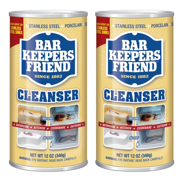 Bar Keepers Friend Powder Cleanser 12 Oz - Multipurpose Cleaner & Stain Remover - Bathroom, Kitchen & Outdoor Use - for Stainless Steel, Aluminum, Brass, Ceramic, Porcelain, Bronze and More (2 Pack)