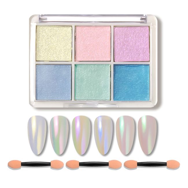 Mirror Powder Solid Nail Powder 6 Colors Palette Aurora Powder Mirror Nail Powder Nail Art Resin with Gel Nail Tips (Aurora)