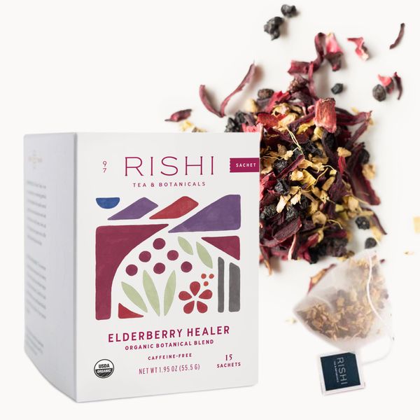 Rishi Tea Elderberry Healer Herbal Tea | USDA Organic Direct Trade Sachet Tea Bags, Certified Kosher, Caffeine Free Elderberry with Ginger Root, Hibiscus Flowers, & Licorice Root | 15 Count (Pack of 1)