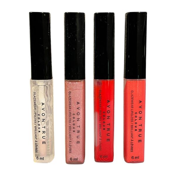 AVON Lip gloss 4 Piece set Plumping Gloss, Hydrating, Nourishing, (1 x Coral reef, 1 x Fiery Red, 1 x Shimmered, 1 x Clear) 6ml Smooth Soft Liquid For Girls And Women