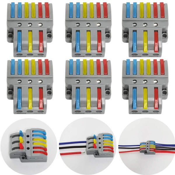 Compact Wire Connectors, CTRICALVER 6 PCS Compact Splicing Connectors, Lever Nut Assortment Conductors, 3-in-6 Out Electrical Connector Block with 18 Screws