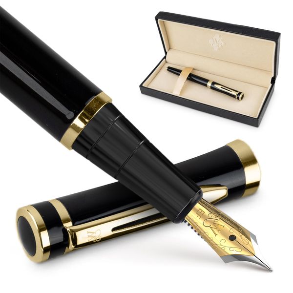 Wordsworth & Black Fountain Pen Set, Extra Fine Nib, Includes 24 Ink Cartridges & Ink Refill Converter, Gift Case, Journaling, Calligraphy, Smooth Writing Pens [Black Gold], Perfect for Men & Women