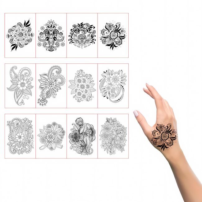 Fezf Semi Permanent Tattoo 12 Blätter Realistische Schwarze Rose Pfingstrose Blume Temporäre Tattoos für Frauen Körper Kunst Langlebige Temp Sleeve Tattoos Aufkleber Erwachsene Mädchen, Fake Tattoos