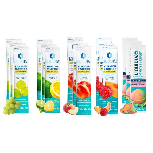 Mix It Up Hydration Multiplier Sugar Free Liquid IV | 15 Pack | 3 Rainbow Sherbert, 3 Raspberry Melon, 3 White Peach, 3 Green Grape, and 3 Lemon Lime | Electrolyte Drink Mix | Non-GMO | Bundled